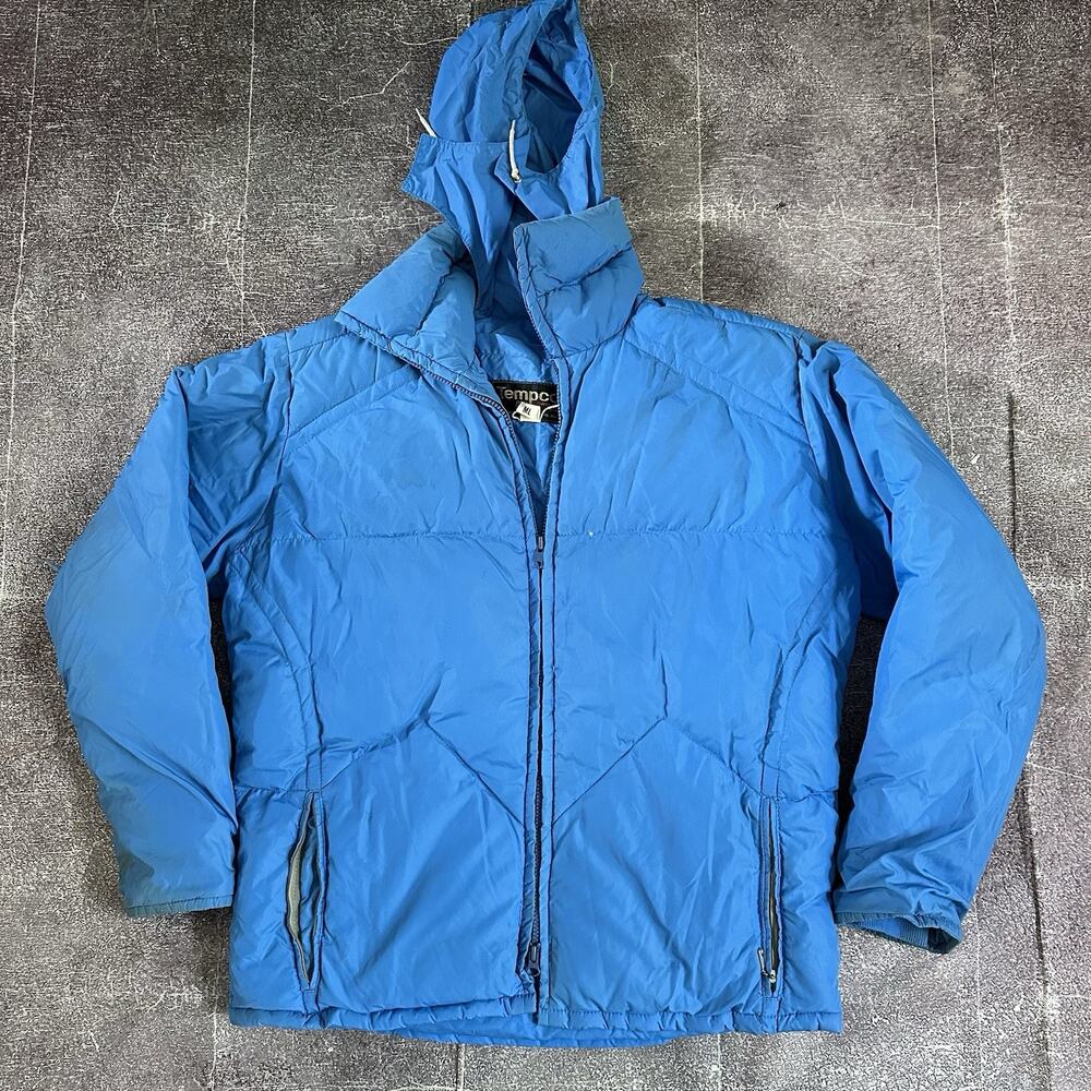 Men's Vintage 70's Tempco Quilters USA Goose Down Blue Puffer Zip Up Jacket Sz L
